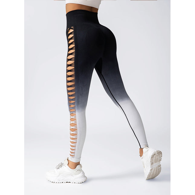 Women's High-Waisted Gradient Yoga Pants, Cutout Leggings, Booty Lifting, Athletic Long Tights For Fitness Workout, Breathable Sportswear