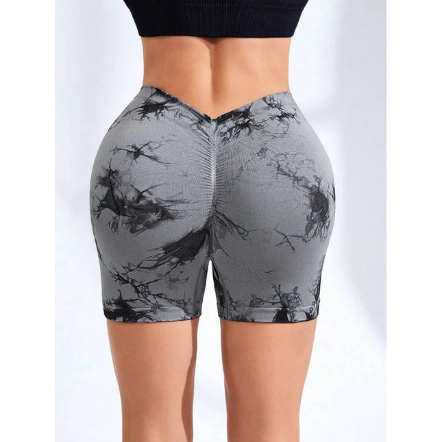 Women's Tie Dye High Waist V-Back Scrunch Yoga Shorts, Seamless Sport Athletic Shorts With Stretch Fabric, Fitness Workout Bottoms