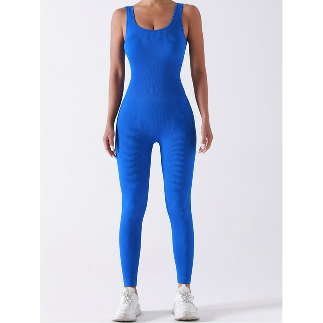 Women's Ribbed Solid Color One Piece Jumpsuit, Form-Fitting Sensual Activewear, Classic Sleeveless Full-Length Pants For Sport Casual Wear