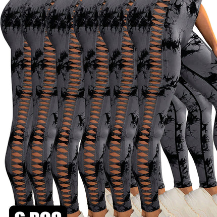 6Pcs Tie-dye Cut-out Leggings Women's Yoga Pants