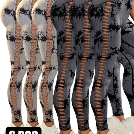 6Pcs Tie-dye Cut-out Leggings Women's Yoga Pants
