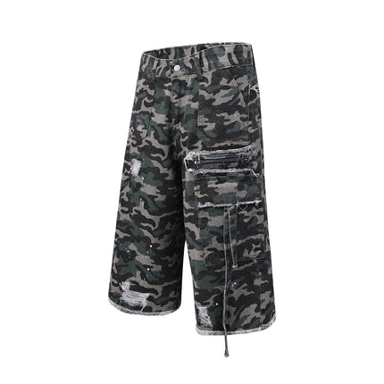 Retro Washed Damaged Camouflage Denim Shorts