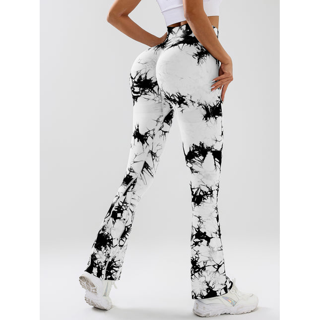 High-Waist Tummy Control Flare Yoga Pants For Women, Tie-Dye Stretch Slimming Bootcut Workout Pants, Fitness & Sports Activewear