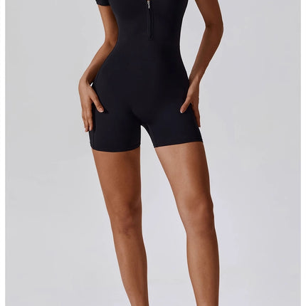 Summer Zip-Up Short Sleeve Shorts Yoga Bodysuit For Women - Dance Workout Form-Fitting One-Piece