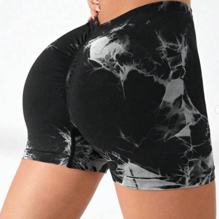 2 Pack Women's Tie Dye High Waist V-Back Scrunch Yoga Shorts, Peach Lift Seamless Sport Athletic Shorts With Stretch Fabric, Fitness Workout Bottoms