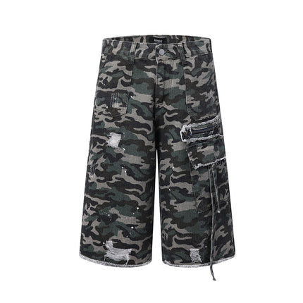 Retro Washed Damaged Camouflage Denim Shorts