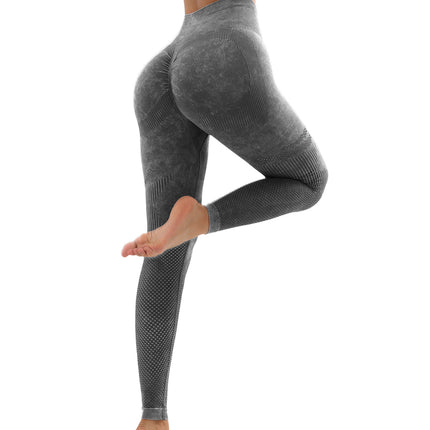 Women's Hollow Wide Band Waist Sports Leggings With Butt Ruching, Scrunch Butt Lifting Tights Seamless Yoga Tummy Control Pants