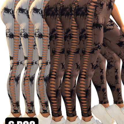 6Pcs Tie-dye Cut-out Leggings Women's Yoga Pants