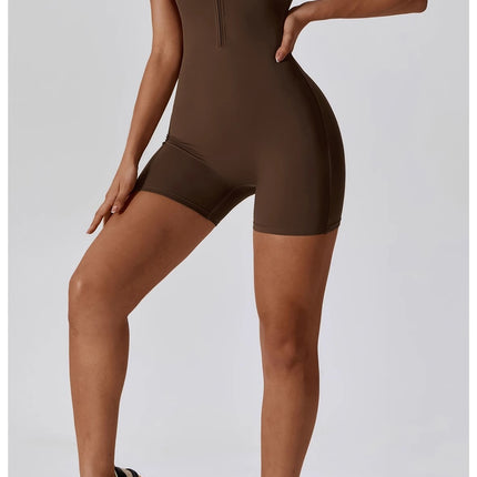 Summer Zip-Up Short Sleeve Shorts Yoga Bodysuit For Women - Dance Workout Form-Fitting One-Piece