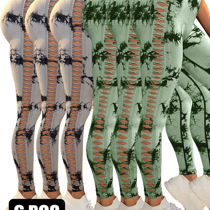 6Pcs Tie-dye Cut-out Leggings Women's Yoga Pants