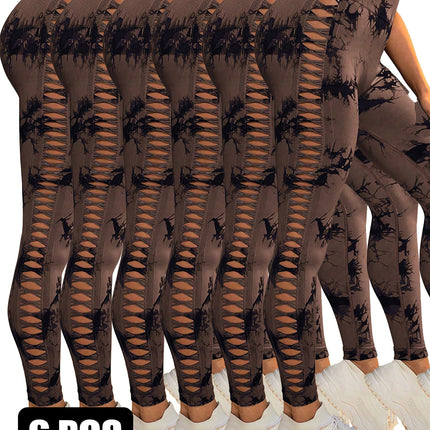 6Pcs Tie-dye Cut-out Leggings Women's Yoga Pants