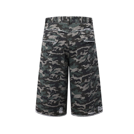 Retro Washed Damaged Camouflage Denim Shorts