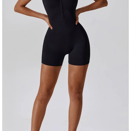 Summer Zip-Up Short Sleeve Shorts Yoga Bodysuit For Women - Dance Workout Form-Fitting One-Piece