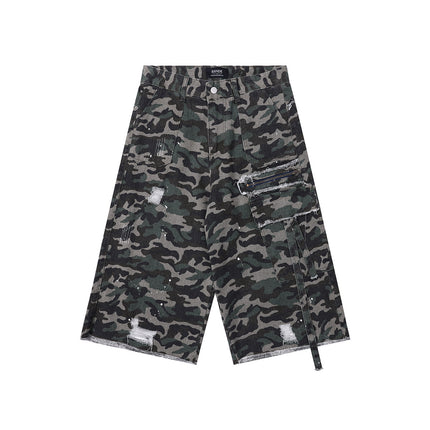 Retro Washed Damaged Camouflage Denim Shorts