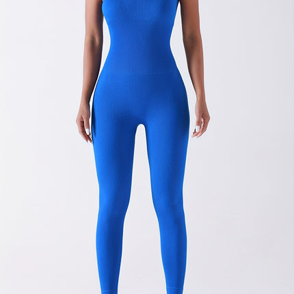 Women's Ribbed Solid Color One Piece Jumpsuit, Form-Fitting Sensual Activewear, Classic Sleeveless Full-Length Pants For Sport Casual Wear