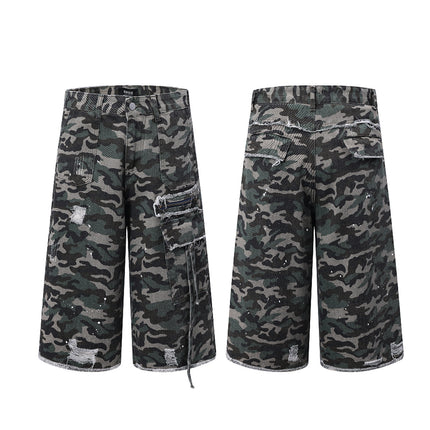 Retro Washed Damaged Camouflage Denim Shorts