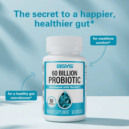 BSYS 60 Billion CFU Probiotic Capsules  Acid-Resistant Stomach-Resistant Formula  Intestinal Delivery Technology  Digestive & Immune Health Support  Daily Gut Wellness Supplement