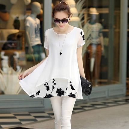 Summer Clothing New Short Sleeve Women's Clothing Embroidered Chiffon Shirt Plump Girls Plus Size Women