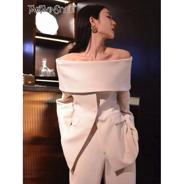 Twotwinstyle Slash Neck Chic Blazers For Women Off Shoulder Long
