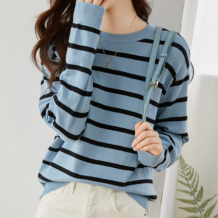 Vimly Blue Black Striped Sweater Women 2023 Spring Pullovers Knitwears
