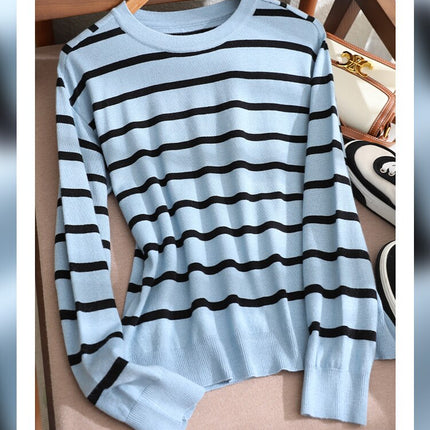 Vimly Blue Black Striped Sweater Women 2023 Spring Pullovers Knitwears